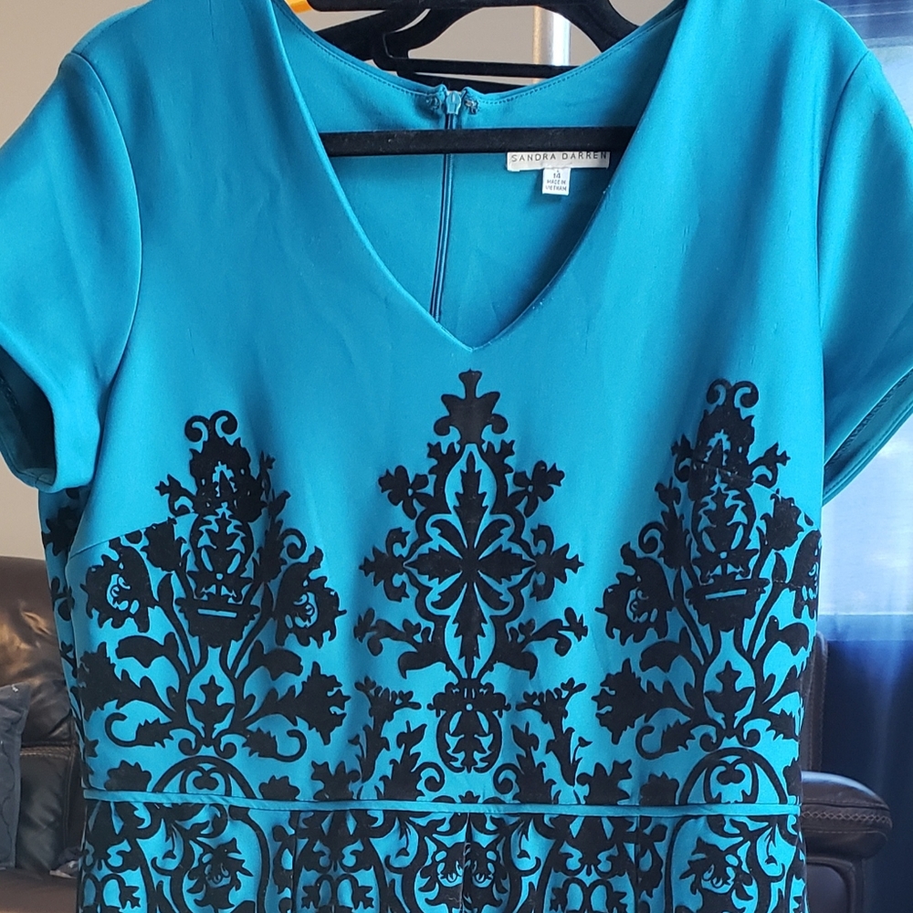 gorgeous bright turquoise short sleeve cocktail dress w black damask print sz 14